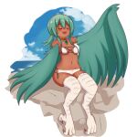  1girl bikini bird_legs blush breasts closed_eyes commentary commission dark-skinned_female dark_skin english_commentary fang green_hair green_wings hair_between_eyes harpy highres long_hair low_twintails monster_girl nav_(itsnav) open_mouth original outdoors pendant_choker sidelocks sitting small_breasts solo swimsuit talons twintails white_bikini wide_hips wings 