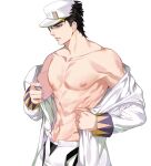  1boy abs bare_shoulders black_hair blue_eyes collarbone cowboy_shot earrings facing_to_the_side half-closed_eyes hat highres jacket jacket_partially_removed jewelry jojo_no_kimyou_na_bouken jujeop kujo_jotaro long_sleeves male_focus navel open_fly pants pectorals short_hair solo toned toned_male white_background white_headwear white_jacket white_pants 
