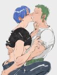  1boy 1girl aged_up alternate_universe black_panties black_shirt blue_hair closed_eyes clothes_lift earrings from_side green_hair hand_on_another&#039;s_arm hand_on_another&#039;s_back hetero highres jewelry kiss kuina mcbuckwheat one_piece open_mouth panties roronoa_zoro scar scar_on_chest shirt shirt_lift short_hair short_sleeves simple_background single_earring sitting sitting_on_lap sitting_on_person time_paradox underwear white_shirt 