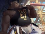  2023 anthro bear belly ben_(zenless_zone_zero) big_belly black_nose bottomwear cancerdoge clothing group humanoid_hands male mammal mihoyo moobs musclegut nipples outside overweight overweight_male pants scar shirt solo solo_focus topwear underwear zenless_zone_zero 