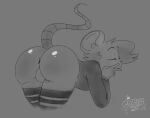 anthro anus balls bent_over big_butt big_ears butt clothing corksparty eyes_closed genitals gesture glistening glistening_butt greyscale legwear male mammal monochrome mouse mouth_closed murid murine rodent solo sweater tail tangledwinston thigh_highs topwear v_sign watermark 