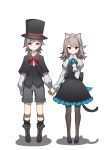  1boy 1girl absurdres aged_down alternate_costume alternate_hairstyle animal_ear_fluff animal_ears black_capelet black_footwear black_pantyhose black_shorts blue_bow blue_bowtie blunt_bangs boots bow bowtie capelet cat_ears cat_girl cat_tail child commentary_request dress full_body genshin_impact grey_hair hand_on_own_chest hat highres holding_hands knee_boots long_hair long_sleeves looking_at_viewer lynette_(genshin_impact) lyney_(genshin_impact) pantyhose parted_bangs pinafore_dress purple_eyes qixia red_bow red_bowtie shadow shoes shorts siblings sidelocks simple_background sleeveless sleeveless_dress standing tail top_hat twins white_background 