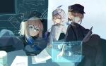  1boy 2girls beret black_headwear black_shirt blonde_hair blue_eyes captain_nemo_(fate) coat commentary desk engineer_nemo_(fate) epaulettes fate/grand_order fate_(series) glasses grey_pants hat hat_feather highres hologram holographic_interface long_hair multiple_girls nemo_(fate) nemosk3o on_desk open_mouth pants papers professor_nemo_(fate) round_eyewear sailor_collar sailor_shirt shirt short_hair sitting sitting_on_desk sleeves_past_fingers sleeves_past_wrists suspenders turban twintails very_long_sleeves white_coat white_headwear 
