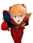  1girl angry blue_eyes blush bodysuit breasts commentary_request hand_on_own_hip highres himagin20180321 interface_headset leaning_forward legs_together long_hair looking_at_viewer medium_breasts multicolored_bodysuit multicolored_clothes neon_genesis_evangelion open_mouth orange_hair pilot_suit plugsuit pointing pointing_at_viewer red_bodysuit solo souryuu_asuka_langley white_background 