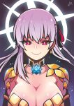 1girl absurdres bacon_strips blush breasts closed_mouth collarbone commentary_request dangle_earrings earrings fate/grand_order fate_(series) hair_ribbon highres jewelry kama_(fate) large_breasts long_hair looking_at_viewer purple_hair red_eyes red_ribbon ribbon smile solo upper_body 