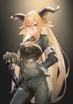  1girl absurdres animal_ears arknights blonde_hair blush breasts character_request closed_mouth collared_shirt commentary_request degenbrecher_(arknights) gloves grey_gloves grey_jacket grey_pants hair_between_eyes highres horns jacket kirigirisu1221 long_hair looking_at_viewer medium_breasts orange_shirt pants shirt solo standing v-shaped_eyebrows very_long_hair yellow_eyes 