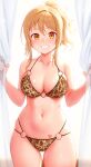  1girl animal_print bare_arms bikini blonde_hair blush breasts cheetah_print cleavage cowboy_shot curtains eyebrows_hidden_by_hair grin gyaru highres kogal leopard_print looking_at_viewer love_live! love_live!_nijigasaki_high_school_idol_club medium_breasts miyashita_ai navel orange_eyes ponytail sidelocks smile solo standing stomach sweat swimsuit teeth unsfrau wavy_hair wide_hips yellow_eyes 