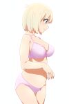  1girl absurdres blonde_hair bra breasts closed_mouth collarbone cowboy_shot curvy floral_print frilled_bra frills from_side highres large_breasts light_blush lips lycoris_recoil navel nishikigi_chisato nose oekakiism panties pink_bra pink_panties profile short_hair smile solo standing underwear underwear_only 