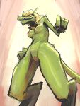  4_fingers absurd_res alien anthro bilopterix blonde_hair breasts claws erect_nipples extraterrestrial female finger_claws fingers fur green_body green_fur hair hairy hi_res kexkiro long_ears looking_at_viewer low-angle_view nipples nude sharp_teeth solo tail teeth 