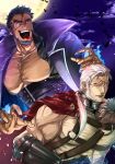  2boys bad_id bad_twitter_id bara bare_pectorals beard black_corset blue_fire cape claw_pose corset cross_scar dark-skinned_male dark_skin facial_hair fire forked_eyebrows full_moon gladiator green_eyes halloween halloween_costume highres itaru_(kidomh63) kresnik_(housamo) large_pectorals looking_at_viewer male_focus mature_male moon multiple_boys muscular muscular_male night night_sky open_clothes open_shirt pectorals ponytail red_cape sandayu_(housamo) scar scar_on_cheek scar_on_face scar_on_forehead short_hair sky slit_pupils tokyo_afterschool_summoners tongue tongue_out vampire_costume veins veiny_arms white_hair 