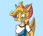  activision anthro blonde_hair breasts clothed clothing coco_bandicoot crash_bandicoot_(series) digital_media_(artwork) dragon female green_eyes hair horn implied_transformation long_hair pink_horn scalie simple_background sleeps-darkly_(artist) solo species_transformation transformation western_dragon wings 