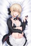  1girl apron artoria_pendragon_(alter_swimsuit_rider)_(fate) artoria_pendragon_(alter_swimsuit_rider)_(second_ascension)_(fate) artoria_pendragon_(fate) bikini bikini_top_only black_bikini blonde_hair braid choker dakimakura_(medium) fate/grand_order fate_(series) french_braid frilled_bikini frilled_choker frills highres hood hoodie looking_at_viewer maid maid_bikini maid_headdress navel neck_garter open_clothes open_hoodie open_mouth panties panties_removed reien_fuukibu saber saber_alter solo swimsuit underwear waist_apron yellow_eyes 