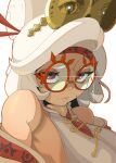  1girl bare_shoulders brown_eyes glasses glint hair_bun hair_ornament hair_stick highres looking_at_viewer orange_outline portrait purah red-framed_eyewear round_eyewear shadow simple_background solo the_legend_of_zelda the_legend_of_zelda:_tears_of_the_kingdom user_cgud8744 white_background white_hair 