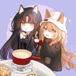 2girls :t animal_ears arknights azhenhgu black_hair black_jacket black_kimono blush bowl braid ceobe_(arknights) ceobe_(unfettered)_(arknights) chinese_commentary closed_mouth commentary_request cooking_pot dog_ears ears_through_headwear eating facial_mark fang food forehead_mark hair_between_eyes highres holding holding_bowl jacket japanese_clothes kimono long_hair multiple_girls official_alternate_costume open_mouth orange_eyes orange_hair portable_stove saga_(arknights) soup twin_braids white_headwear 