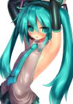  1girl aqua_eyes aqua_hair armpits arms_up blush covered_nipples detached_sleeves hatsune_miku headset highres kyuusui_gakari necktie sleeveless solo sweat twintails vocaloid white_background 