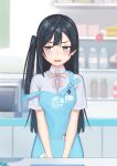  1girl apron black_hair blue_apron blush breasts cashier commentary_request grey_eyes long_hair love_live! love_live!_nijigasaki_high_school_idol_club medium_breasts name_tag nijigasaki_academy_school_uniform one_side_up school_uniform solo straight_hair strap_slip the-prinprince upper_body yuuki_setsuna_(love_live!) 