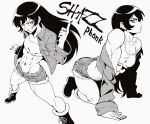  1girl abs ass bare_shoulders black_hair boots breasts cleavage collarbone denim highres jacket jeans long_hair looking_at_viewer middle_finger midriff monochrome multiple_views muscular muscular_female nail_polish navel open_clothes open_jacket original pants shorts sleeveless small_breasts smile websake 