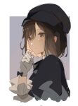  1girl black_bow black_headwear blush border bow brown_eyes brown_hair closed_mouth commentary english_commentary gloves highres long_sleeves outside_border project_sekai sere_(_h11r_agi) shinonome_ena short_hair solo upper_body white_border white_gloves 