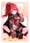  1girl anna_(fire_emblem) black_footwear black_gloves blush border brown_cape buttons cape coin commentary fire_emblem fire_emblem_engage gbbgb321 gloves grin hair_between_eyes head_tilt highres holding long_hair long_sleeves looking_at_viewer ponytail red_eyes red_hair shoes sitting smile solo white_border 