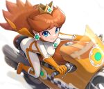  1girl ass bent_over biker_clothes bikesuit blue_eyes bodysuit breast_press breasts brown_hair crown earrings flower_earrings gloves gonzarez grin highres jewelry long_hair looking_at_viewer mario_(series) mario_kart medium_breasts motor_vehicle motorcycle orange_footwear orange_gloves princess_daisy simple_background smile solo white_background white_bodysuit 