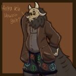  3_fingers anthro belly bone boxers_(clothing) chubby_anthro chubby_male clothed clothing digital_media_(artwork) disney english_text fingers fur hair hi_res horn male papa_titan(the_owl_house) robe shaded simple_background skull skull_head slightly_chubby smile solo solo_focus standing tail tail_motion tailwag teeth text the_owl_house titan_(the_owl_house) underwear wagonwacko 