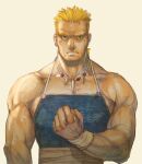  1boy aquiline_nose bara beard_stubble blonde_hair clenched_hand final_fantasy final_fantasy_vi frown jewelry large_pectorals looking_at_viewer male_focus mature_male midriff_sarashi muscular muscular_male necklace overalls pectoral_cleavage pectorals prema-ja sabin_rene_figaro sarashi serious short_hair short_ponytail sidepec solo straight-on thick_eyebrows tooth_necklace upper_body white_background 