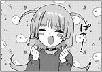  1girl antenna_hair black_choker blunt_bangs blush_stickers border choker closed_eyes commentary dog fang greyscale halftone halftone_background hands_up happy highres long_hair long_sleeves monochrome nikubou_maranoshin open_mouth original paw_print pomeranian_(dog) sidelocks solo sweater upper_body white_border 