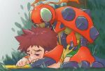  bandai_namco blush brown_hair digimon digimon_(species) digimon_adventure duo grass hair human interspecies izzy_izumi male male/male mammal plant sex tentomon 