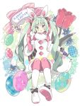  1girl :d animal_ears blue_flower blush boots bow commentary_request detached_sleeves dress easter_egg egg fake_animal_ears flower full_body green_eyes green_hair hairband happy_easter hatsune_miku head_tilt highres long_hair long_sleeves looking_at_viewer pantyhose pink_bow pink_pantyhose rabbit_ears red_flower shoe_soles smile solo striped striped_bow tsukiyo_(skymint) twintails very_long_hair vocaloid white_dress white_flower white_footwear white_hairband white_sleeves 