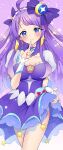  1girl alternate_breast_size blue_eyes bow breasts choker collarbone commentary crescent crescent_earrings cure_selene dress earrings hair_ornament heart_pouch highres jewelry kaguya_madoka long_hair looking_at_viewer magical_girl medium_breasts mikorin precure puffy_sleeves purple_bow purple_choker purple_dress purple_hair purple_theme see-through see-through_skirt short_sleeves skirt smile star_(symbol) star_choker star_color_pendant star_hair_ornament star_twinkle_precure upper_body wrist_cuffs 