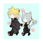  2boys aged_down animal_ears animal_feet arm_armor armor asymmetrical_arms belt_buckle black_gloves black_pants blonde_hair blue_background blue_eyes buckle cat_boy cat_ears cat_tail chest_strap chibi chinese_commentary clothes_grab cloud_strife cluck_gugu commentary earrings expressionless final_fantasy final_fantasy_vii final_fantasy_vii_advent_children final_fantasy_vii_ever_crisis gloves green_eyes grey_hair high_collar highres implied_yaoi in-franchise_crossover jewelry looking_to_the_side male_focus multiple_boys pants pauldrons paw_print sephiroth shoulder_armor single_earring single_pauldron sleeveless sleeveless_turtleneck spiked_hair sweatdrop tail turtleneck walking zipper 