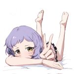  1girl barefoot bed bed_sheet blush bracelet camisole commentary feet_up hand_up head_on_arm highres idolmaster idolmaster_million_live! jewelry legs looking_at_viewer lying makabe_mizuki on_stomach pink_camisole purple_hair sekies_(gbs2001) short_hair sidelocks solo v wavy_hair white_background yellow_eyes 