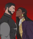  2boys ascot bara beard black_hair buzz_cut castlevania:_nocturne dark-skinned_male dark_skin expressionless eye_contact facial_hair from_side frown half-closed_eyes highres large_pectorals leaning_forward long_hair looking_at_another male_focus mature_male mizrak_(castlevania) multiple_boys muscular muscular_male olrox pectorals pointy_ears priest profile red_background sai_(cyborrrg) short_hair sideburns thick_eyebrows thick_mustache upper_body vampire very_short_hair yaoi 
