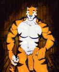  anthro big_penis digibeawr felid feline frosted_flakes fur genitals hair hi_res kellogg&#039;s male mammal mascot muscular muscular_anthro muscular_male nude orange_body orange_fur pantherine penis ring_piercing solo striped_body stripes tiger tony_the_tiger white_body white_fur yellow_eyes 