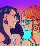  2girls bare_shoulders black_hair character_profile closed_mouth commentary earrings food-themed_earrings hair_behind_ear hisarakanoi jewelry long_hair looking_at_another medium_hair multicolored_background multiple_girls nami_(one_piece) nico_robin one_piece orange-shaped_earrings orange_hair profile purple_hair simple_background smile sunglasses swept_bangs 