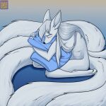  anthro black_nose canid canine dreamspinner eyes_closed female fox foxenawolf fur gradient_background hair krinele_fullin mammal multi_tail nude pillow pillow_hug simple_background solo tail white_body white_fur white_hair 
