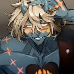  1boy blue_horns blue_skin chest_tattoo colored_skin grey_hair guilty_gear guilty_gear_strive happy_chaos heart heart_tattoo horns karu_(kei-1989) looking_at_viewer male_focus orange-tinted_eyewear orange_eyes smile tattoo tinted_eyewear x-shaped_eyewear 