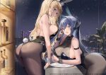  2girls absurdres animal_ears arm_support ass azur_lane bare_shoulders black_leotard blonde_hair blue_eyes blue_hair blush breasts choyeon commentary_request company_connection company_name counter fake_animal_ears fake_tail fingernails glass_bottle highleg highleg_leotard highres indoors large_breasts leaning_forward leotard long_hair looking_at_viewer multiple_girls nail_polish new_jersey_(azur_lane) night night_sky north_carolina_(azur_lane) official_art open_mouth pantyhose playboy_bunny rabbit_ears rabbit_tail see-through simple_background sky smile strapless strapless_leotard tail tray wrist_cuffs 