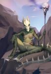  absurd_res anthro blue_eyes bone breasts claws cloak cloak_only clothing female genitals green_body green_scales hi_res horn lizard looking_at_viewer mostly_nude nipples on_rock outside pink_nipples pussy reptile scales scalie shermugi skull skull_head small_breasts solo staff toe_claws 