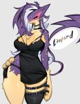  anthro breasts claws cleavage clothed clothing collar dress felid female fur generation_5_pokemon hair hand_on_hip hi_res leg_belt legwear liepard mammal nintendo pokemon pokemon_(species) purple_body purple_fur purple_hair red_eyes solo spiked_collar spikes stockings togetoge whiskers wide_hips 
