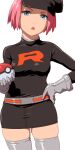  1girl aoi_nori_(aoicoblue) belt black_headwear breasts gloves green_eyes hat holding looking_at_viewer open_mouth pink_hair poke_ball poke_ball_(basic) pokemon pokemon_(game) pokemon_go short_hair simple_background skirt solo team_rocket team_rocket_grunt team_rocket_uniform thighhighs white_background 