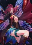  1girl alternate_costume blue_eyes boots breasts brown_footwear butterfly_wings cape center_opening cleavage commission dress facial_mark fairy_wings fire_emblem fire_emblem_heroes flower hair_flower hair_ornament hair_over_one_eye hair_vines highres large_breasts long_sleeves looking_at_viewer plant purple_hair red_cape skeb_commission solo thorns triandra_(fire_emblem) vines wings yoshiki1020 