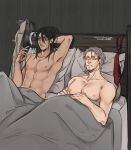  2boys abs afterglow blank_stare brown_hair cigarette couple eren_yeager highres holding holding_cigarette i_love_when_people_draw_ships_like_this_actually_(meme) jean_kirchstein large_pectorals long_hair looking_ahead male_focus meme multiple_boys navel nipples on_bed pectorals sanpaku shingeki_no_kyojin short_hair smoking thick_eyebrows toned toned_male topless_male tsutokki under_covers yaoi 
