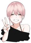  1girl ^_^ black_shirt blush closed_eyes collarbone commentary_request facing_viewer go-toubun_no_hanayome grin hand_up happy highres mame1645 nakano_ichika off_shoulder pink_hair shirt short_hair simple_background sketch smile solo straight-on v white_background 