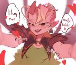  1girl :d arms_up black_eyes blush breasts colored_skin dark_willow dota_(series) dota_2 dress earrings fang green_dress heart highres jewelry medium_breasts pointy_ears red_skin short_hair smile solo sorapoi speech_bubble teeth upper_teeth_only white_background wings 