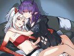  2girls arknights bandeau bare_shoulders black_dress commentary_request dress feet_out_of_frame half_updo highres horns lava_(arknights) lava_the_purgatory_(arknights) long_hair looking_at_viewer mabing midriff multiple_girls navel nian_(arknights) panties pointy_ears purple_eyes purple_hair short_shorts short_sleeves shorts stomach strapless thighs tube_top underwear white_hair white_panties white_shorts yuri 