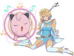  1girl 1other blonde_hair blue_hair boots caprednahu closed_eyes commission fire_emblem fire_emblem_heroes fjorm_(fire_emblem) highres jigglypuff multicolored_hair music musical_note pokemon singing thigh_boots tiara two-tone_hair zzz 