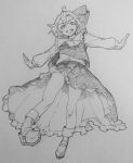  1girl ahoge commentary_request fang full_body greyscale hair_ribbon highres kanaria_(bocmn) long_sleeves looking_at_viewer monochrome open_mouth outstretched_arms ribbon rumia shoes short_hair simple_background sketch skirt socks solo touhou traditional_media 