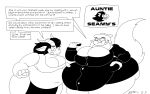  absurd_res apron black_and_white black_clothing black_hair black_suit bovid caprine clothing dialogue dirtymac domestic_cat felid feline felis female goat hair hi_res long_hair mammal monochrome overweight stuffing suit text weight_gain 