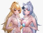  2girls animal_ear_fluff animal_ears antenna_hair between_breasts bikini blonde_hair blue_bikini blue_eyes blush breast_hold breast_press breasts choker cleavage closed_mouth commentary_request criss-cross_halter d-pad d-pad_hair_ornament drop_earrings earrings eyes_visible_through_hair feathered_wings fox_ears fox_girl fox_tail frilled_bikini frills grey_hair grin hair_ornament halterneck hibiki_(vtuber) highres jewelry large_breasts long_hair looking_at_viewer low_wings meridian_project mizuki_(vtuber) multiple_girls orange_eyes oukafafafa pink_bikini pointy_ears ponytail simple_background smile sweat swimsuit tail two-tone_bikini very_long_hair virtual_youtuber white_background white_bikini white_choker wings yellow_wings 